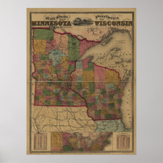 Póster 1871 mapa da ferrovia/estância poste da MN e da WI