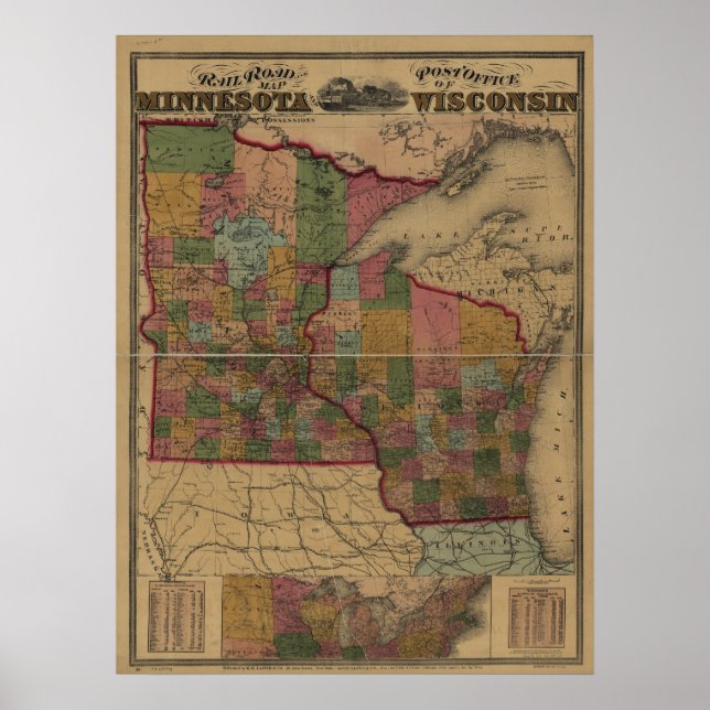 Póster 1871 mapa da ferrovia/estância poste da MN e da WI (Frente)
