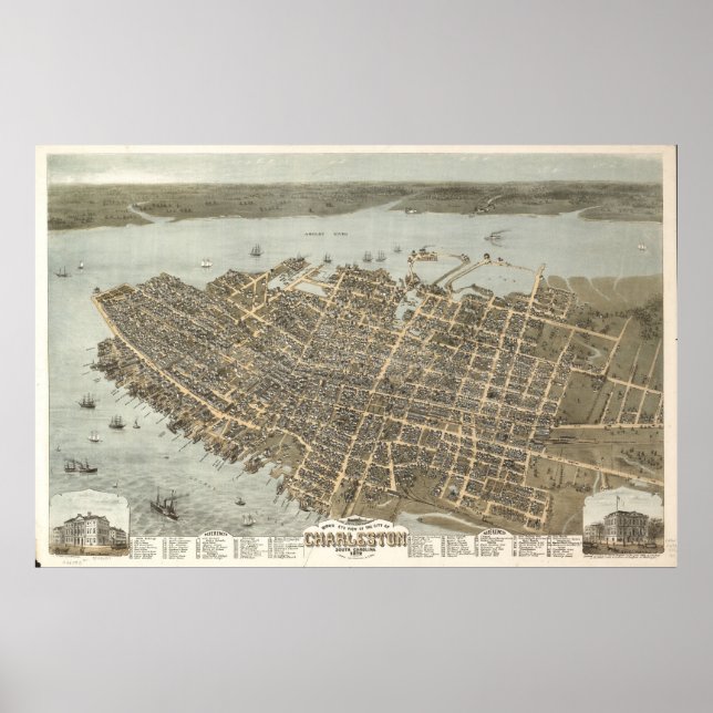 Póster 1872 Charleston, SC Birds Eye Ver Mapa Panorâmico (Frente)