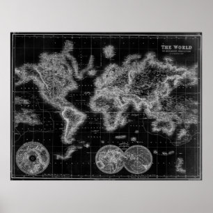 Póster 1872) Inverse preto e branco do mapa do mundo (