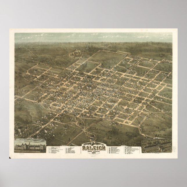 Póster 1872 Raleigh, NC Birds Eye Ver Mapa Panorâmico (Frente)