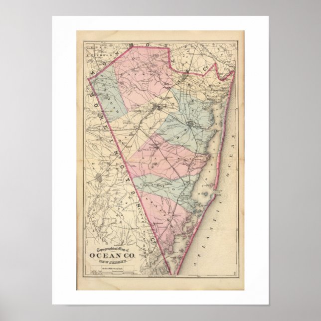 Póster 1872 REPRO Vintage Map Ocean County NJ (Frente)