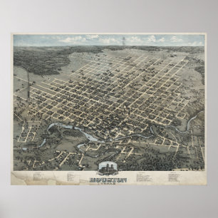 Póster 1873 Houston, TX Birds Olhos Ver Mapa Panorâmico