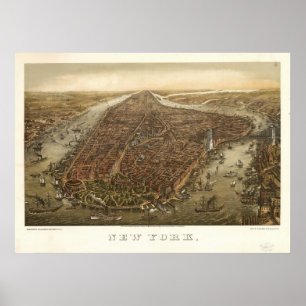 Póster 1874 New York City NY Birds Eye View Panoramic Map