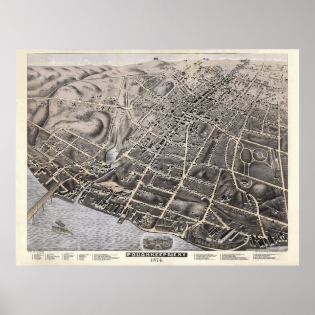 Póster 1874 Poughkeepsie, NY Birds Eye Ver Mapa Panorâmic (Frente)