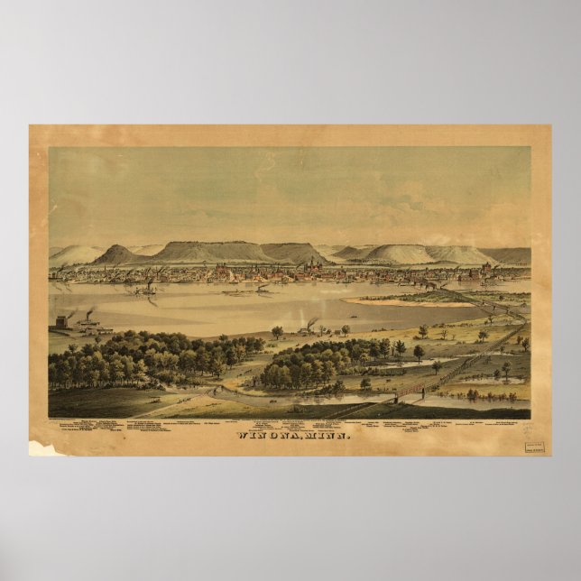 Póster 1874 Winona, MN Birds Eye Ver Mapa Panorâmico (Frente)