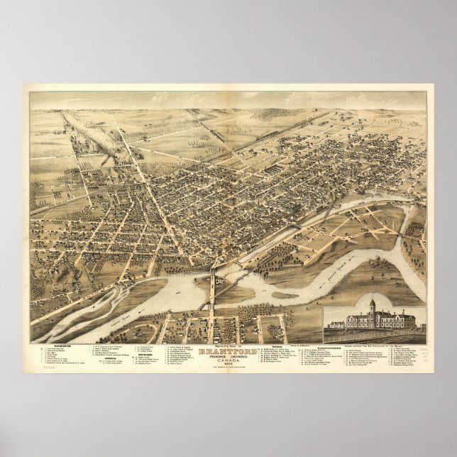 Póster 1875 Brantford, Mapa Panorâmico Olho de Ontário Bi (Frente)