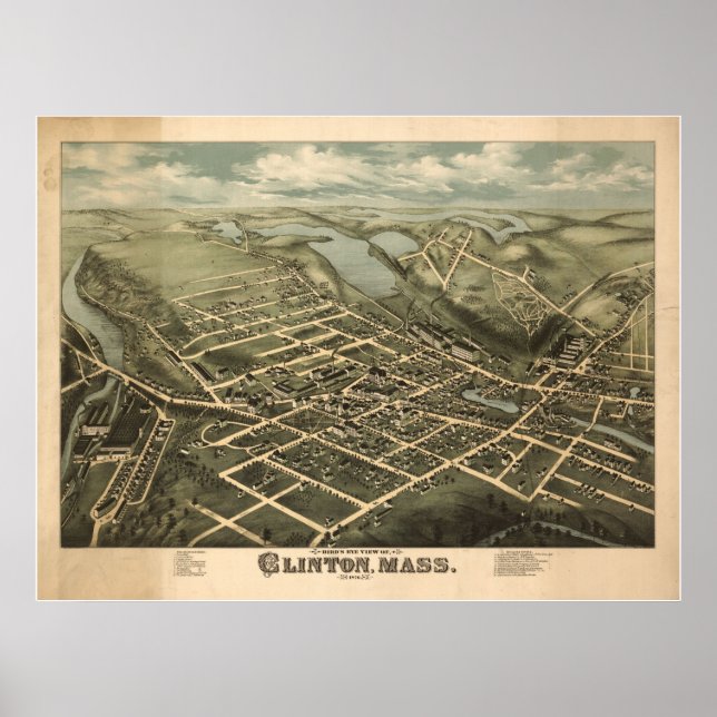 Póster 1876 Clinton, MÃES Birds Olhos Ver Mapa Panorâmico (Frente)