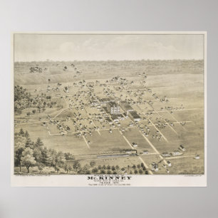Póster 1876 McKinney, TX Bird vê o mapa Panorâmico