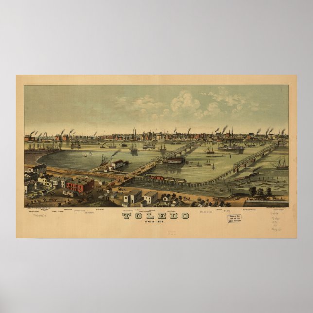 Póster 1876 Toledo, OH Birds Eye Panorâmica Map (Frente)