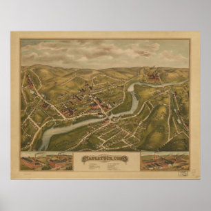 Póster 1877 Naugatuck CT Birds Olhos Ver Mapa Panorâmico