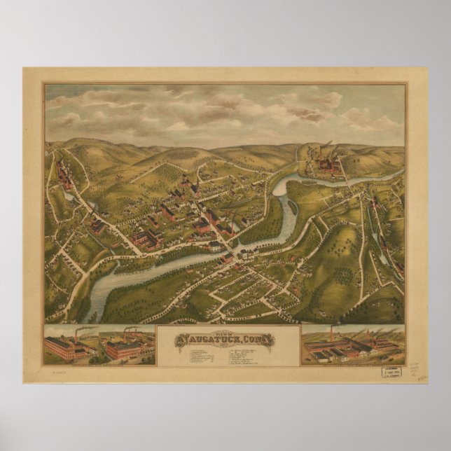 Póster 1877 Naugatuck CT Birds Olhos Ver Mapa Panorâmico (Frente)
