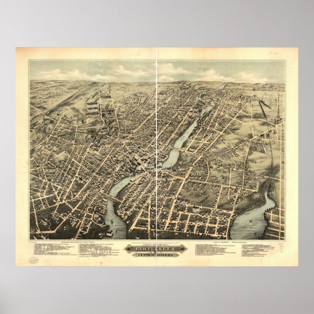 Poster 1877 Pawtucket, RI Birds Eye Ver Mapa Panorâmico (Frente)