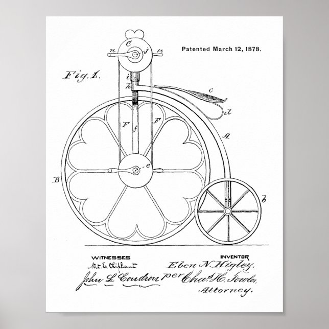 Póster 1878 Vintage High Wheeler Bicycle Patent Art Impre (Frente)