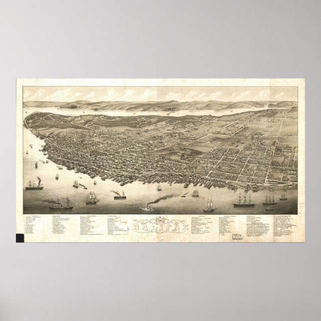 Poster 1879 Halifax, Mapa Panorâmico Ocular da Nova Escóc (Frente)