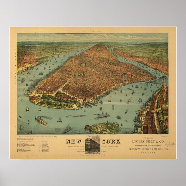 Póster 1879 Nova Iorque NY Birds Olhos Ver Mapa Panorâmic (Frente)
