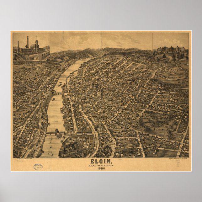 Poster 1880 Elgin, IL Birds Olhos Ver Mapa Panorâmico (Frente)