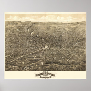 Poster 1880 Rochester, mapa panorâmico da opinião de ol