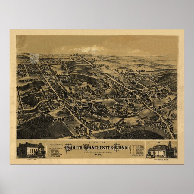 Poster 1880 South Manchester CT Birds Eye Panorâmica Map (Frente)