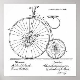 Poster 1880 Vintage High Wheeler Bicycle Patent Art Impre