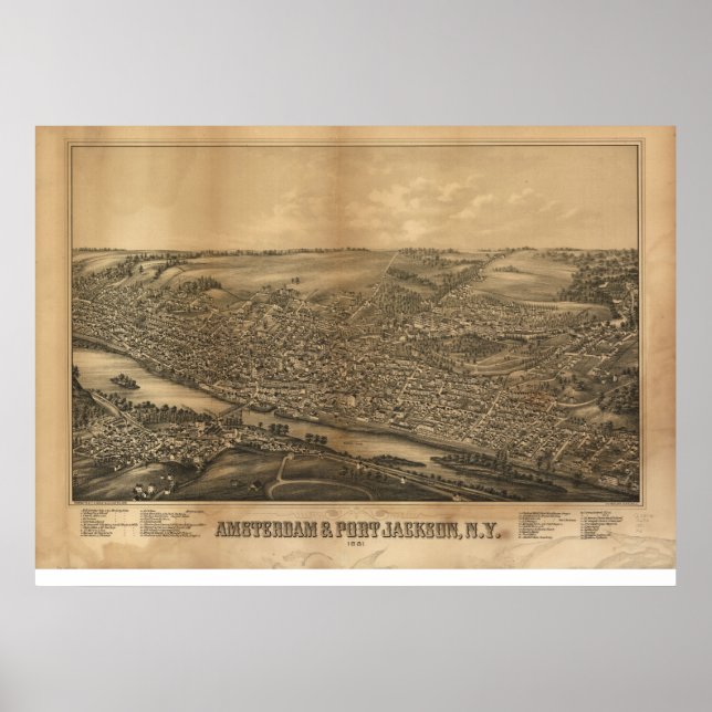 Póster 1881 Amsterdam & Port Jackson, NY Panorâmica Map (Frente)