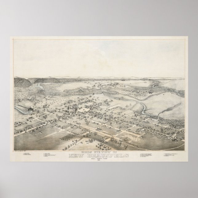 Póster 1881 Novas Bronfels TX Aves Olhos Ver Mapa Panorâm (Frente)