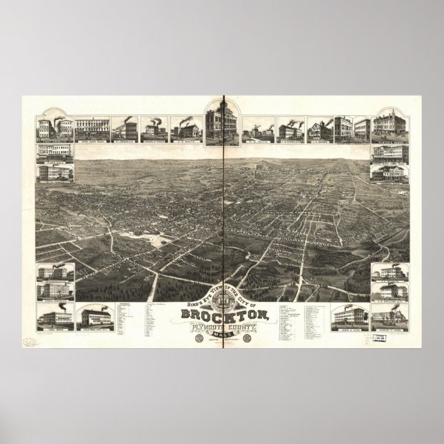Póster 1882 Brockton, MÃES Birds Olhos Ver Mapa Panorâmic (Frente)