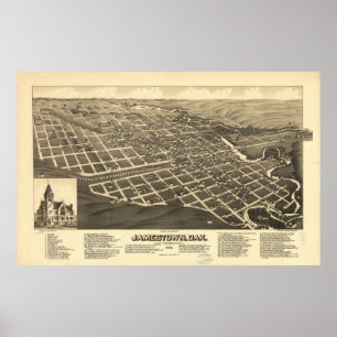 Póster 1883 Jamestown, mapa panorâmico da opinião de ol
