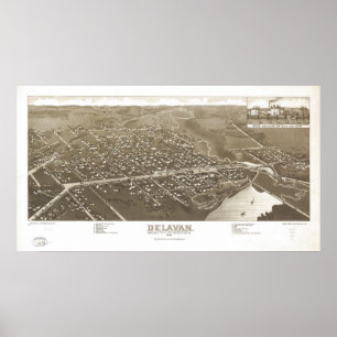Póster 1884 Delavan, mapa panorâmico do olho dos pássar