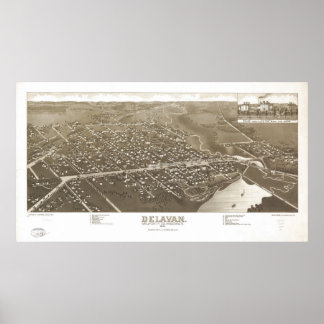 Póster 1884, Delavan, WI Birds Eye Panorâmica Map