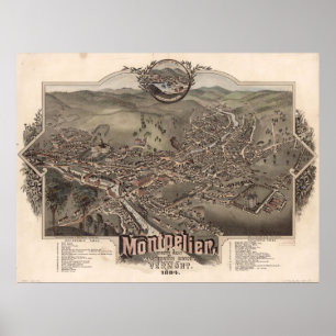 Póster 1884 Montpelier, mapa panorâmico da opinião de
