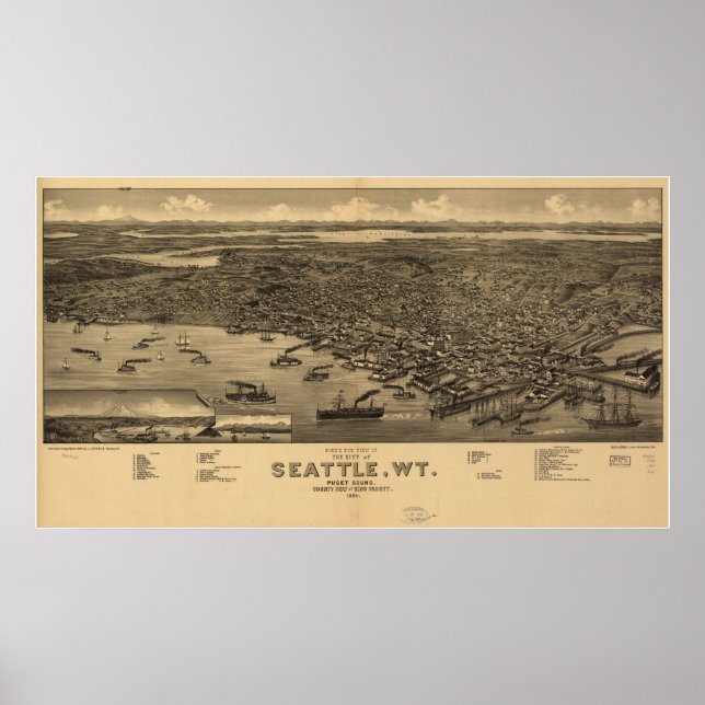 Póster 1884 Seattle, WA Birds Eye Ver Mapa Panorâmico (Frente)