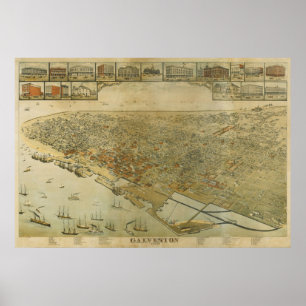 Póster 1885 Galveston, TX Birds Olhos Ver Mapa Panorâmico