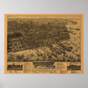 Póster 1885 Pensacola, mapa panorâmico da opinião de ol