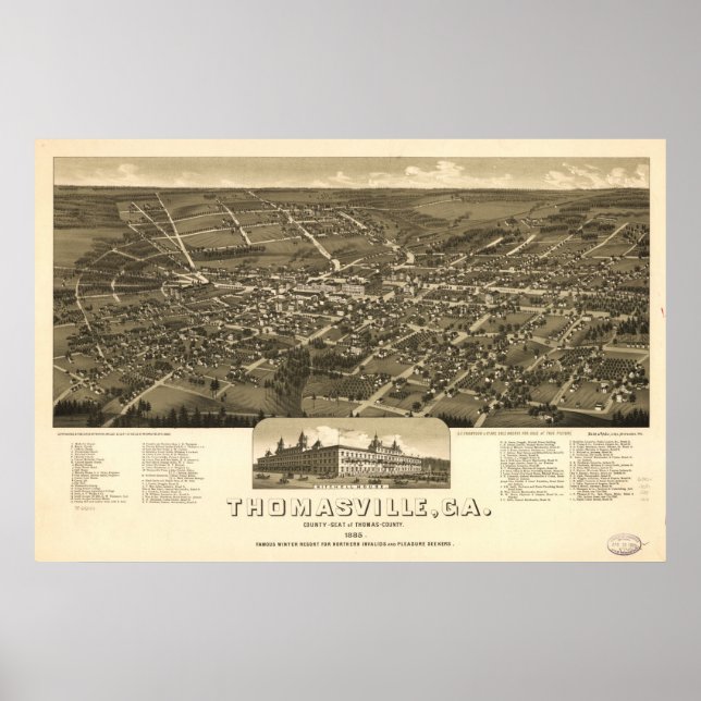 Póster 1885 Thomasville, GA Birds Eye Ver Mapa Panorâmico (Frente)