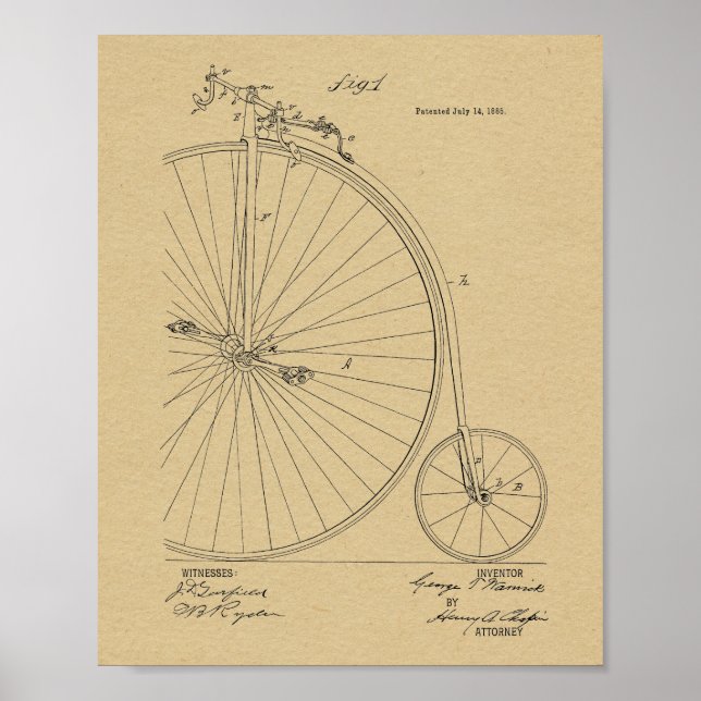 Poster 1885 Vintage High Wheeler Bicycle Patent Art Impre (Frente)