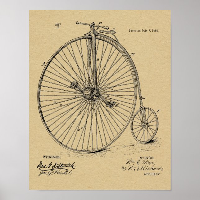 Poster 1885 Vintage High Wheeler Bicycle Patent Art Impre (Frente)