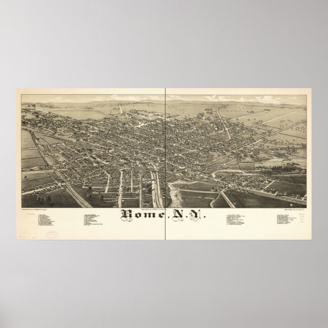 Póster 1886 Roma, NY Birds Ver Mapa Panorâmico (Frente)