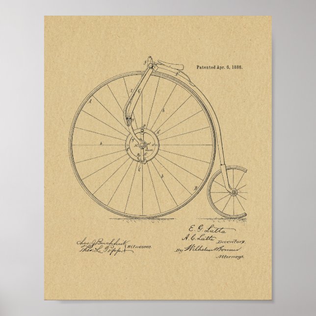 Poster 1886 Vintage High Wheeler Bicycle Patent Art Impre (Frente)