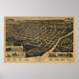 Póster 1887 Macon, mapa panorâmico da opinião de olho d