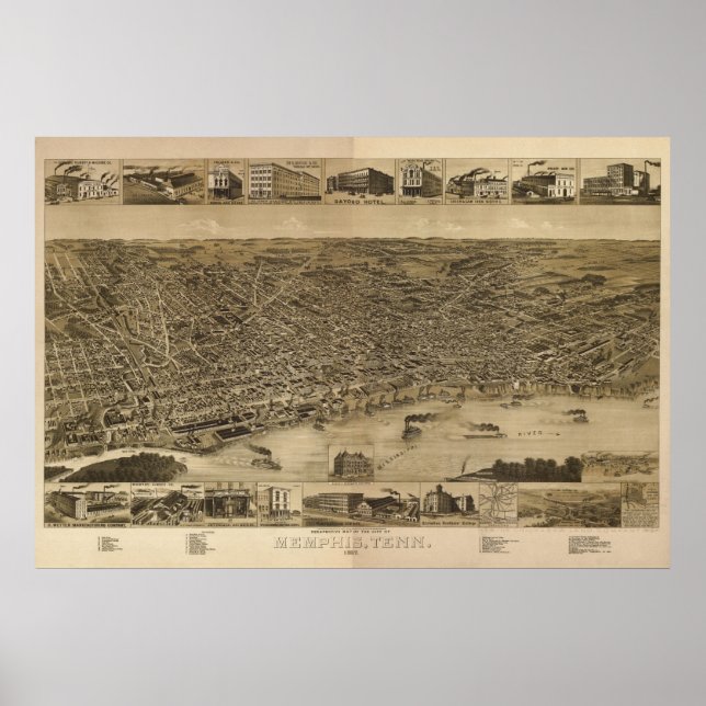 Poster 1887 Memphis, TN Birds Eye Ver Mapa Panorâmico (Frente)