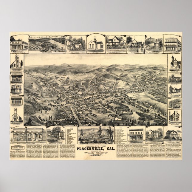 Póster 1888 Placerville CA Birds Ver Mapa Panorâmico (Frente)