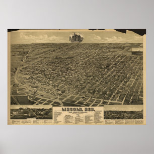 Póster 1889 Lincoln, mapa panorâmico da opinião de olho