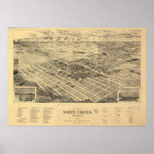 Póster 1889 Yakima nortes, mapa panorâmico da opinião d