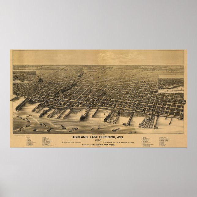 Póster 1890 Ashland, WI Birds Eye Ver Mapa Panorâmico (Frente)