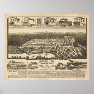 Póster 1890 Snohomish, mapa panorâmico da opinião de ol