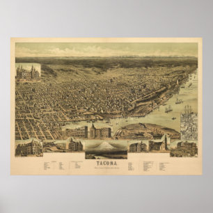 Póster 1890 Tacoma, mapa panorâmico da opinião de olho