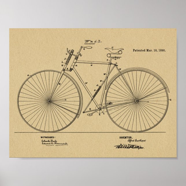 Póster 1890 Vintage Bicycle Suspensão Patent Art Impressã (Frente)