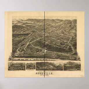 Póster 1891 Asheville, mapa panorâmico da opinião de ol
