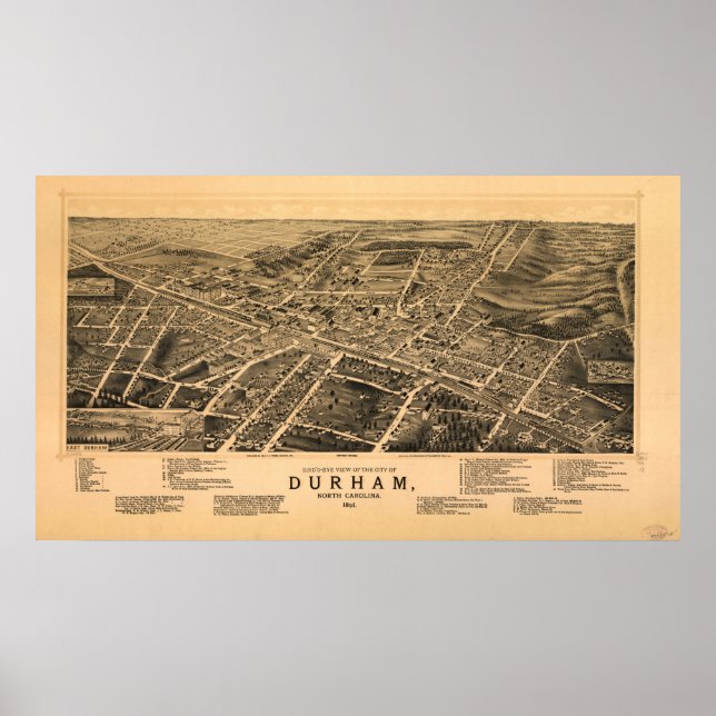 Poster 1891 Durham, NC Birds Eye Ver Mapa Panorâmico (Frente)